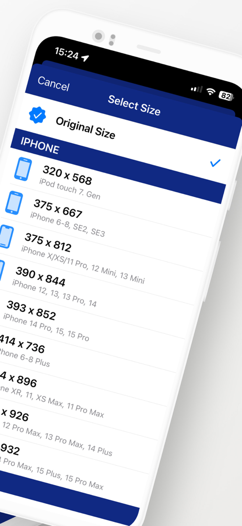 MAMP Viewer - Pantalla de MAMP Viewer mostrando una lista de modelos de iPhone y resoluciones de pantalla para pruebas de sitios web móviles