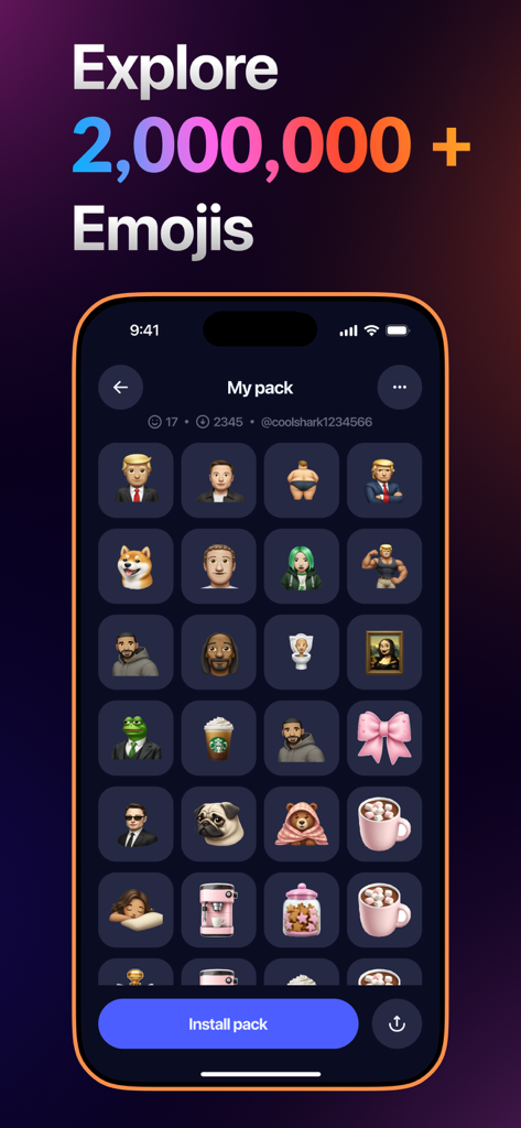 A mobile screen showing a large collection of custom AI-generated emojis and stickers including famous figures and memes