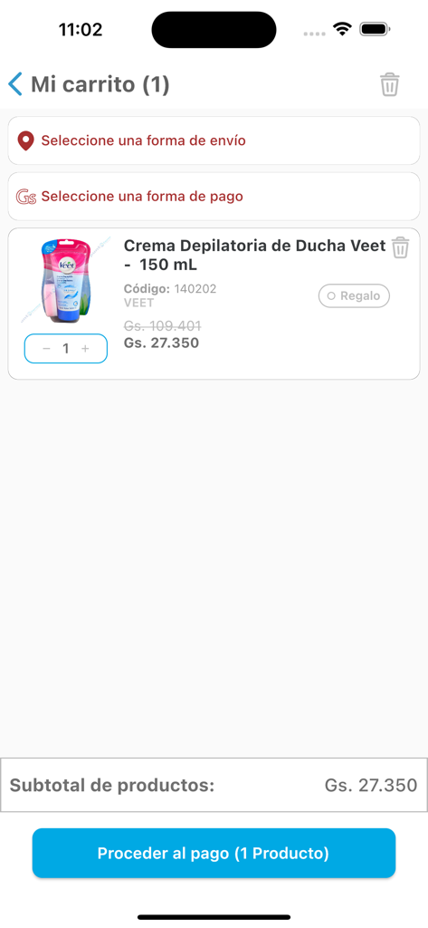 Interfaz del carrito de compras de la aplicación PuntoFarma que muestra un producto de cuidado personal con descuento y un botón de proceder al pago