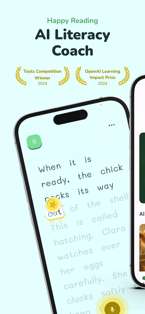 KOBI - Happy Reading - KOBI Mobile App-Oberfläche zeigt einen KI-Alphabetisierungs-Coach für Kinder mit illustrierter Geschichte und Sprachfeedback
