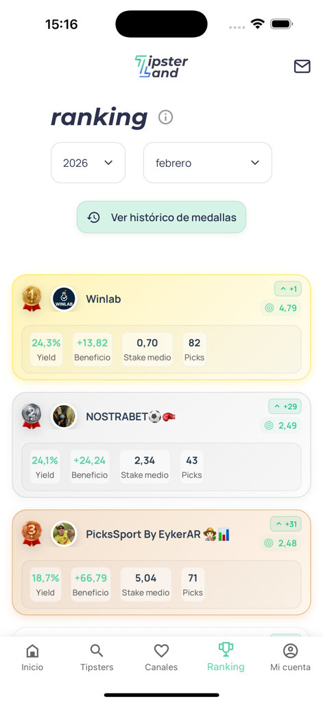 Tipsterland - Apuestas - Tipsterland App Rangliste, die eine Bestenliste von Sport-Tipstern mit ihren Rendite- und Gewinnstatistiken anzeigt