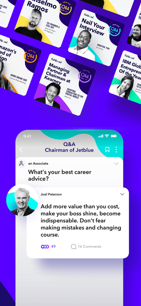 Fishbowl: Professional Network - Screenshot of the Fishbowl app featuring a professional QA session with industry leaders and career advice.