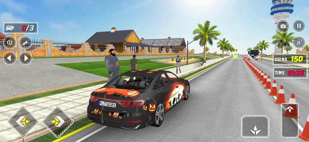 Legend Car Driving School Game - Un coche de lujo con una skin de Halloween conduciendo por una calle de la ciudad en el juego Legend Car Driving School