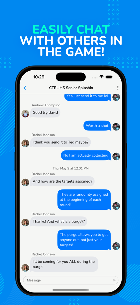 Screenshot of the Splashin app showing a real time chat between players in a Senior Assassin tournament