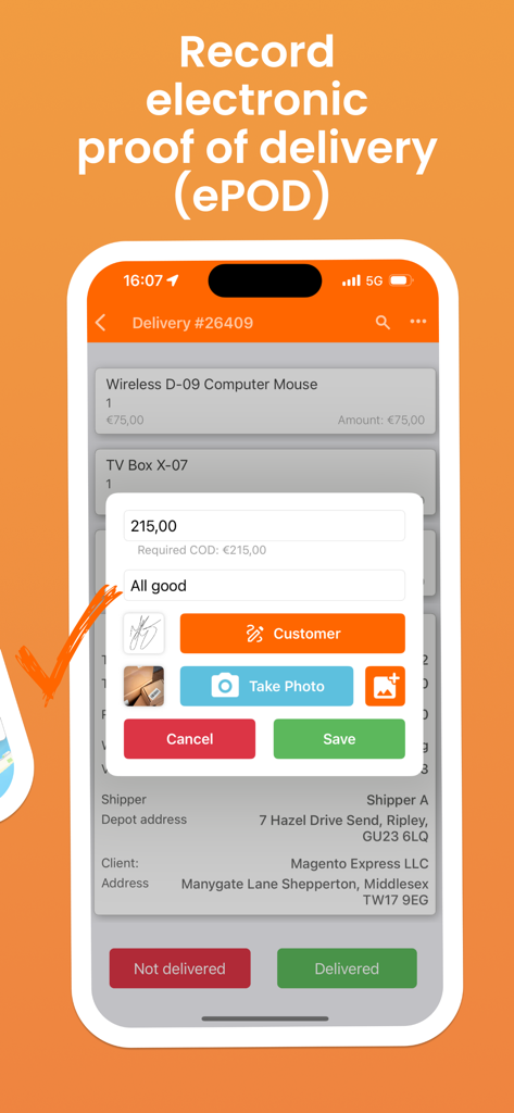 Interface de l'application mobile Track-POD pour l'enregistrement de la preuve de livraison électronique avec options de capture de signature et de photo