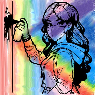 realistic girl with mask spray painting a wall