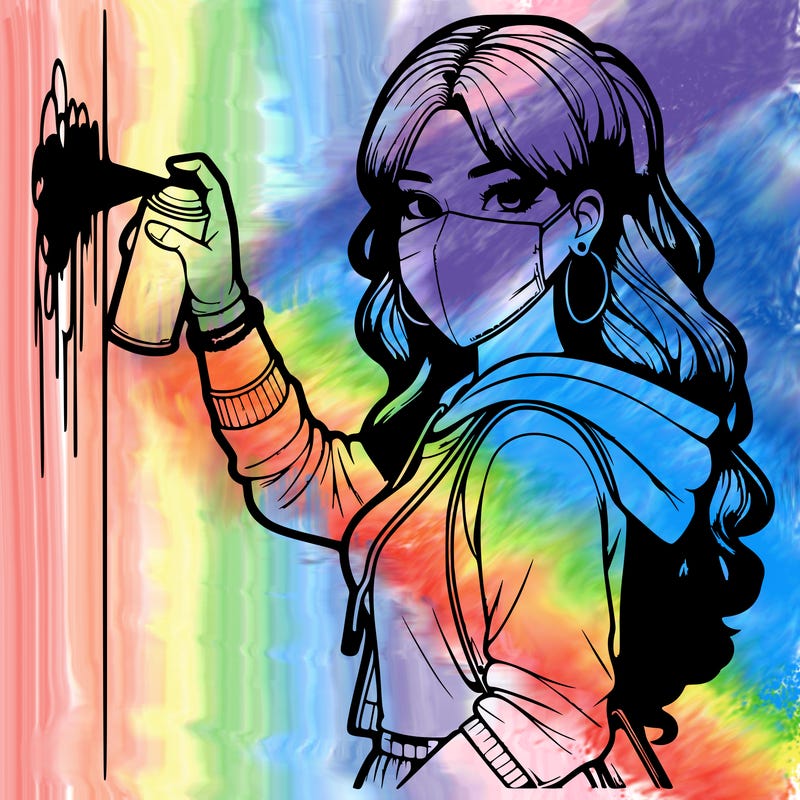 realistic girl with mask spray painting a wall