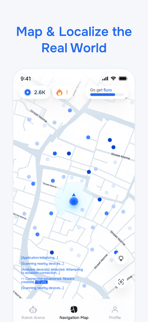 OpenMind AI - OpenMind AI app screen showing a navigation map with data points and rewards for mapping and localizing the real world.