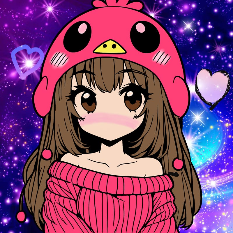 anime girl with chick shaped hat with sweater with bare shoulders with bangs covering them one eye with low tail