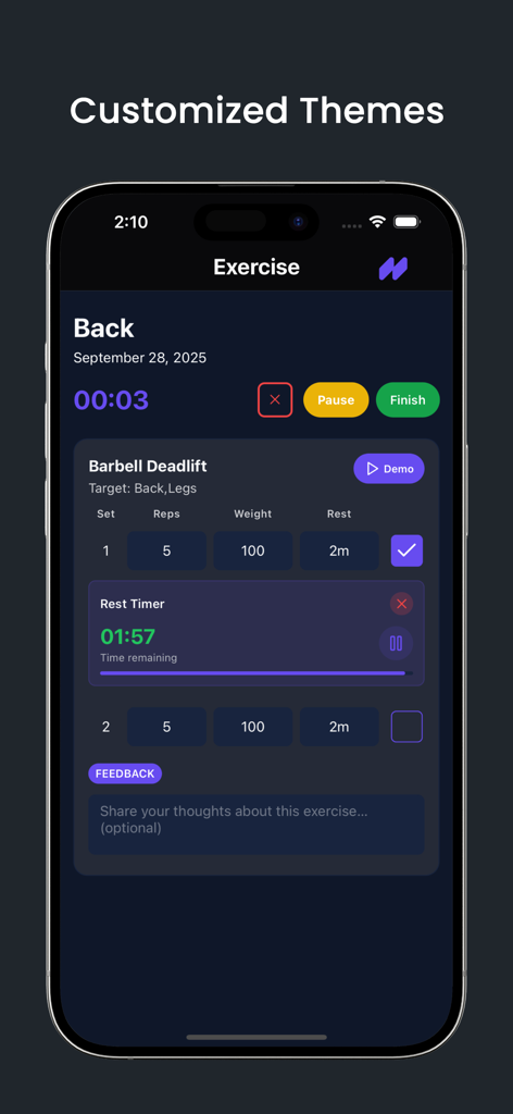 A smartphone displaying the FitEase app tracking a barbell deadlift workout with a rest timer.