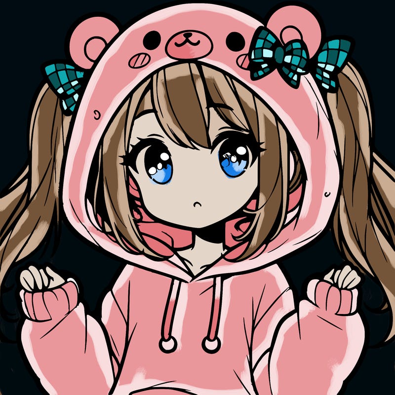 cute anime girl with ponytails and a cute bear hoodie