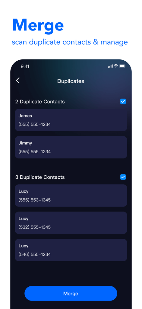 AI Cleanup Storage - iCleaner - Mobile app interface showing duplicate phone contacts grouped and ready to be merged