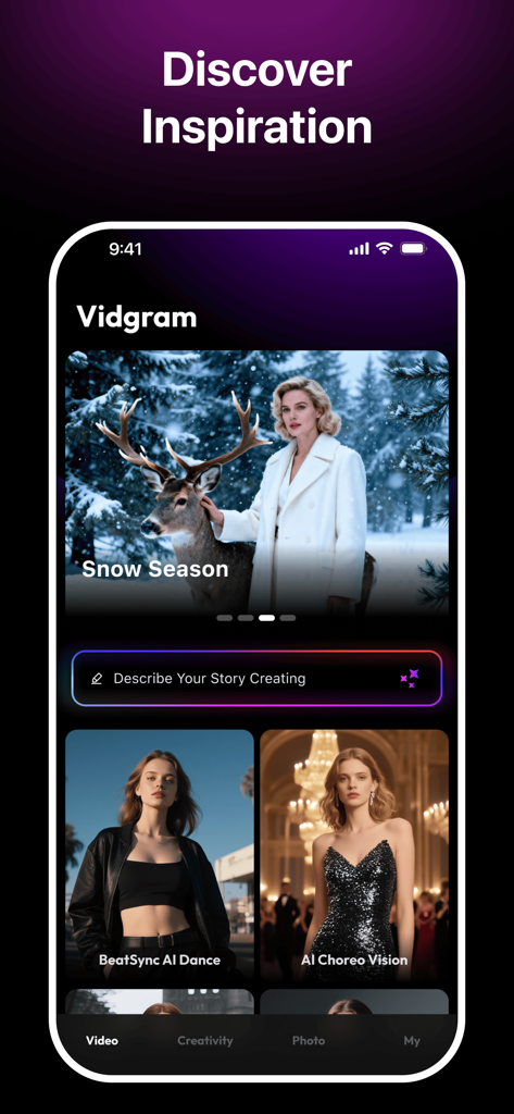Vidgram app interface showing AI video generation templates and a creative text prompt for story creation
