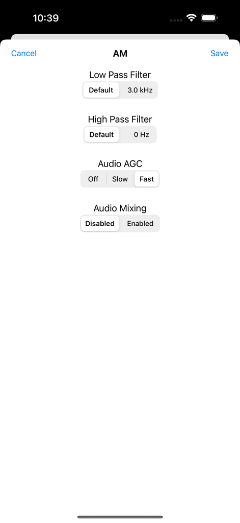 Technical audio settings for AM signals in the SDR Receiver app including filters and AGC.
