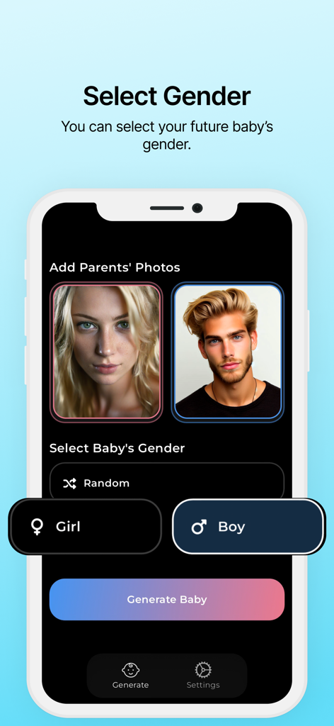 AI Baby Generator: FutureBaby - FutureBaby app interface for selecting the baby's gender and adding parent photos