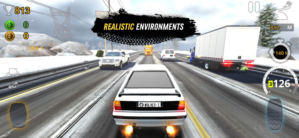 A white classic car driving through traffic on a snowy highway in a realistic environment