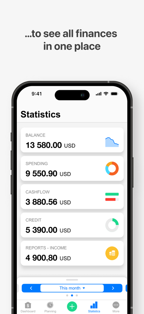 Wallet app statistics dashboard displaying balance spending and cashflow metrics in USD