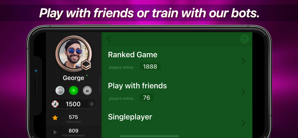 Joker online - Menú principal del juego de cartas Joker online con modos clasificados y para un jugador.