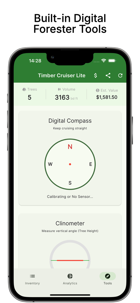 Timber Cruiser: Log Calculator - Interface showing the digital compass and clinometer tools within the Timber Cruiser app