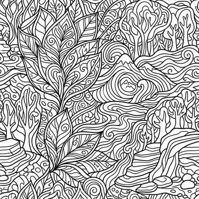 Dive into a world of organic beauty with this captivating nature-inspired patterns coloring page. Its intricate design features a harmonious blend of leaves, waves, and mountains, inviting you to relax and unleash your creativity.