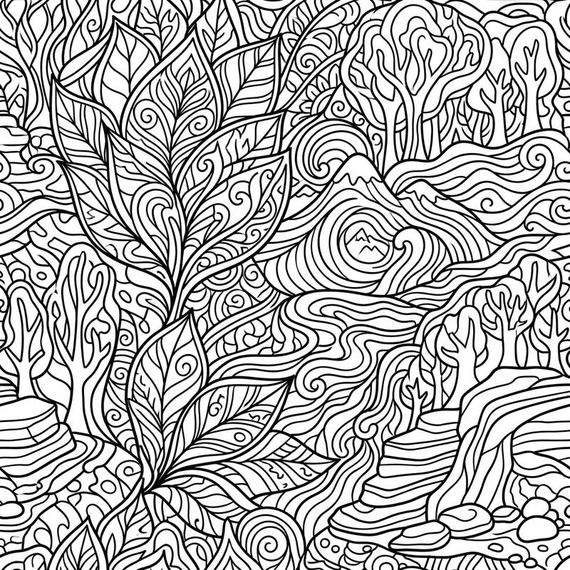 Dive into a world of organic beauty with this captivating nature-inspired patterns coloring page. Its intricate design features a harmonious blend of leaves, waves, and mountains, inviting you to relax and unleash your creativity.