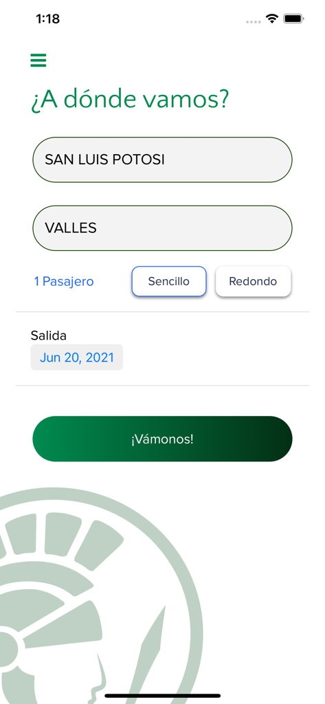 Grupo Vencedor - Grupo Vencedor app interface showing a bus ticket search for a trip from San Luis Potosi to Valles