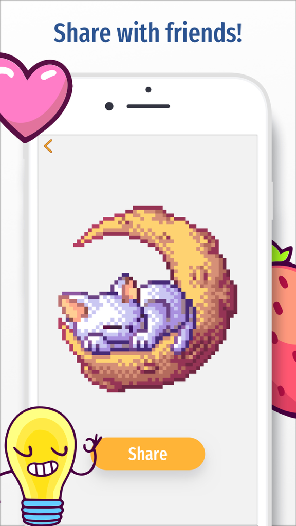 Color by number 2018 - FoxPix - Pixel art de un gato blanco durmiendo en una luna creciente dentro de la interfaz de la aplicación FoxPix con un botón para compartir