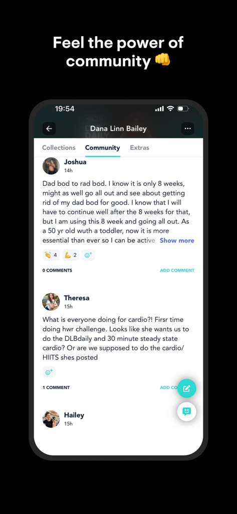 Screenshot of the Playbook app community tab showing user posts and interactions within a trainer program