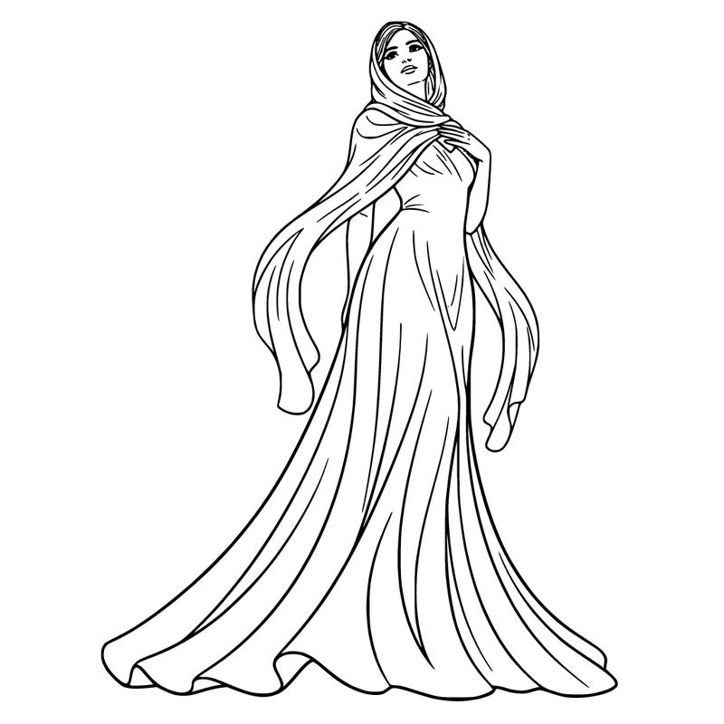 beautiful woman wearing a long, flowing dress with soft folds and gentle lines. a light scarf covers part of her hair and drapes over her shoulders, with a few curved lines to show the fabric.