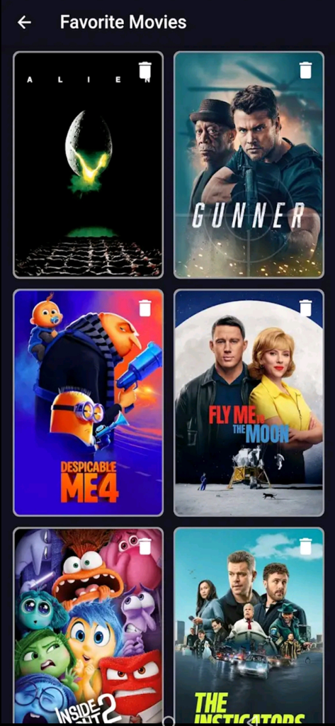 Interface of the MovieBox app displaying a grid of the user's favorite movies.
