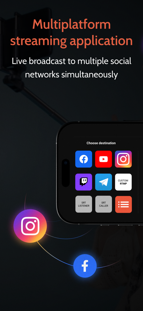 Omnistream app screen showing options for simultaneous live broadcasting to social media and professional SRT protocols