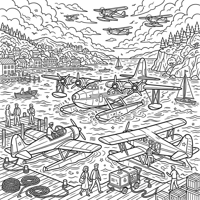 Immerse yourself in the bustling world of seaplanes with this intricately detailed coloring page. Featuring vintage aircraft at a lively harbor against a scenic backdrop, it's a captivating scene ready for your artistic touch.