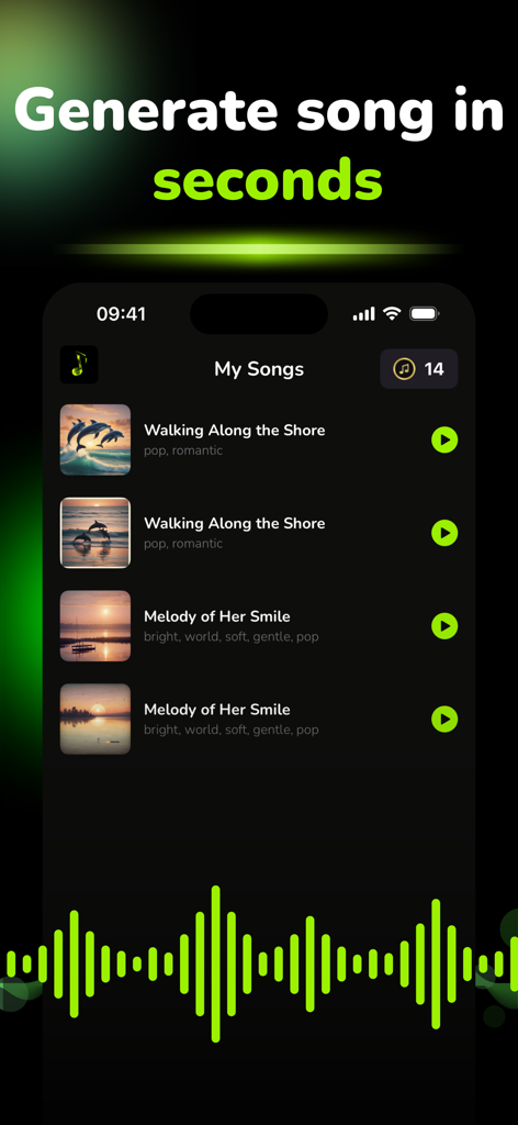 AI Music & Song Generator - AI - Interfaz de una aplicación generadora de música IA que muestra una lista de canciones creadas con botones de reproducción y una forma de onda verde.