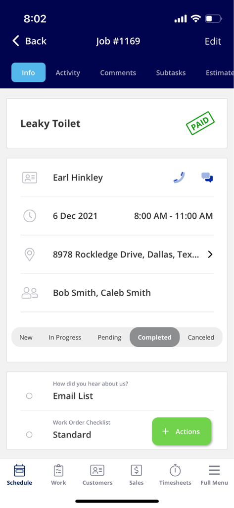 FieldPulse mobile app interface showing a completed and paid job entry for a plumbing service.