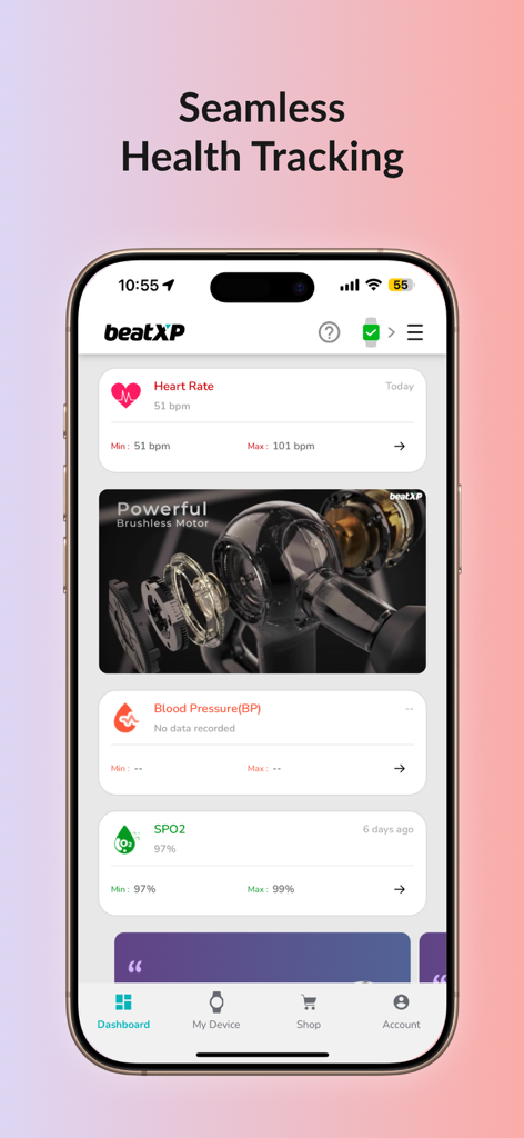 beatXP FIT/TRAK (official app) - beatXP FIT app dashboard showing heart rate and SPO2 tracking metrics on an iPhone