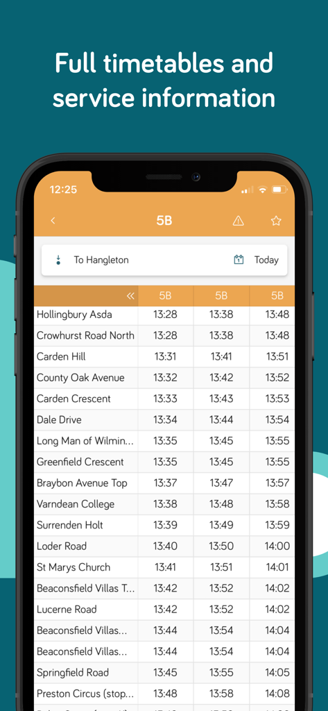 Brighton and Hove Buses app screenshot showing route 5B timetable and service information