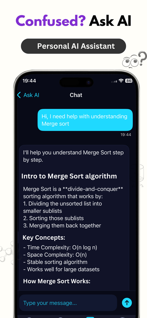 Personal AI assistant chat screen in Mindmaps AI Foxy explaining complex topics like algorithms