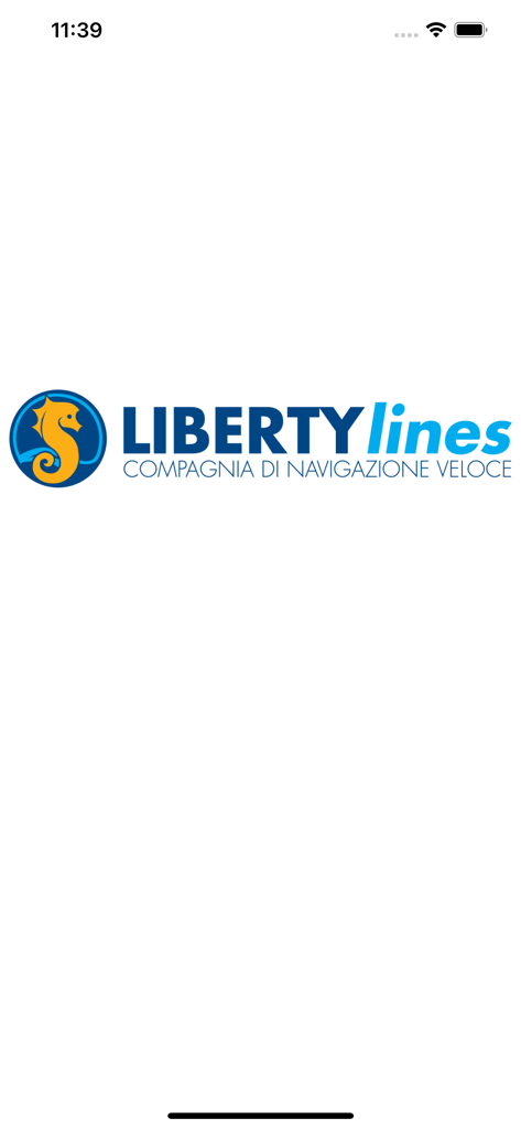 Pantalla de inicio de la aplicación móvil Liberty Lines que muestra el logotipo de la empresa y un icono de caballito de mar amarillo
