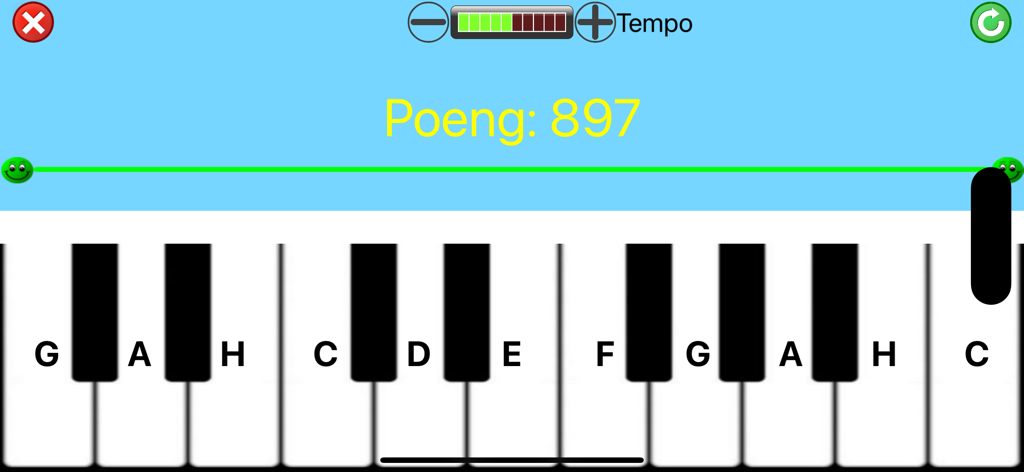 Interface der Kinder-Klavier-App, das eine Tastatur mit beschrifteten Tasten und ein Punktesystem zeigt