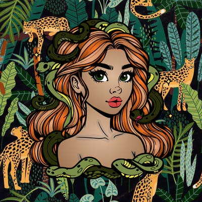 realistic girl with snakes as hair