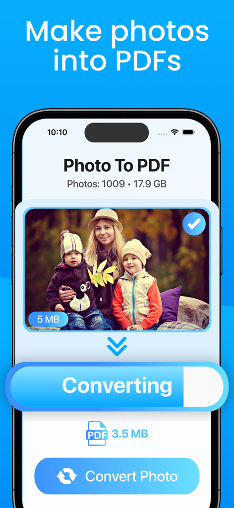 A mobile app interface showing a family photo being converted into a PDF document to save storage space.