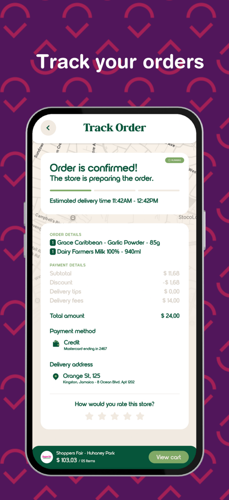 Smartphone screen showing the order tracking interface of the GroceryList app for a grocery delivery in Kingston Jamaica