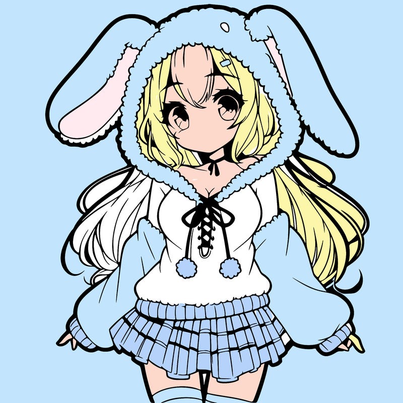 pretty anime girl wearing a fluffy hoodie with bunny ears on the hood and a skirt