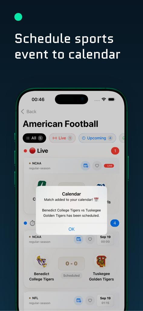 The Darato - Live Sport Scores - The Darato app interface showing a confirmation message for scheduling an American football match to the mobile calendar.