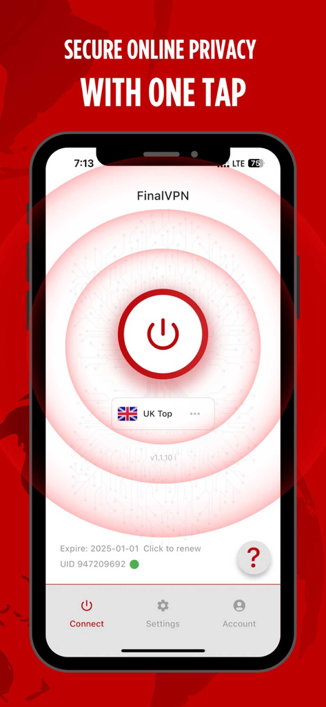 Final VPN mobile app interface showing one tap connection button and UK server selection on a smartphone screen