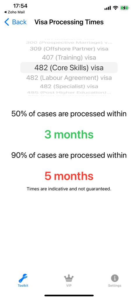 Aussie Visa Mate app screen displaying processing times for the 482 Core Skills visa
