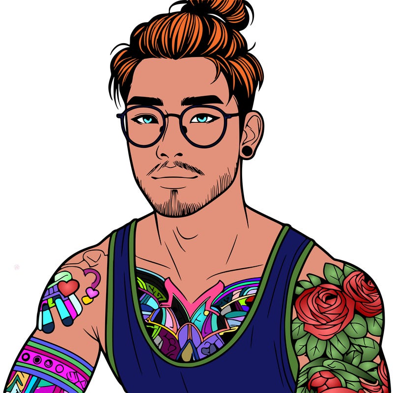 young attractive asian man with a man-bun, glasses, and tattoo's