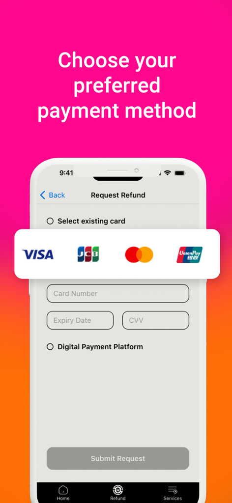 Planet Tax Free ME - Mobile screen for choosing a preferred payment method like Visa or Mastercard for tax refunds in the Planet Tax Free ME app