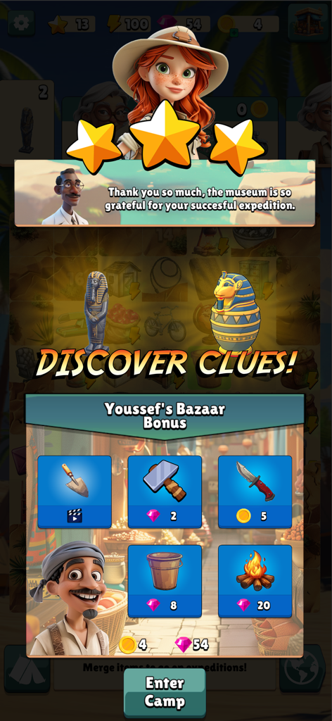 Tomb Trek Match & Merge - Game screen for Tomb Trek showing Emilia celebrating a successful expedition above the Discover Clues banner and Youssef's Bazaar shop