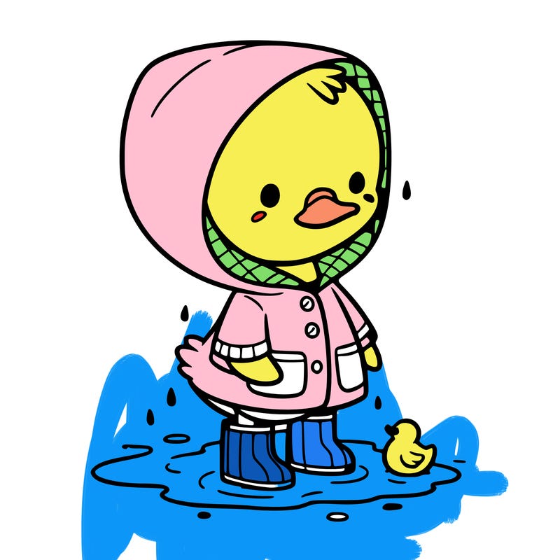 baby duck in a rain coat and boots, in a puddle while it’s raining